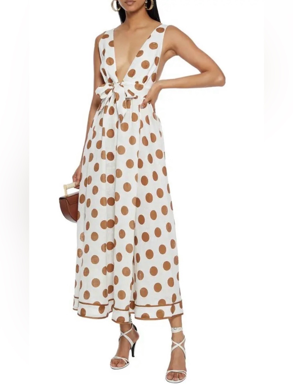 Zimmermann White Brown Polka Dot Empire Tie-Front Long Dress